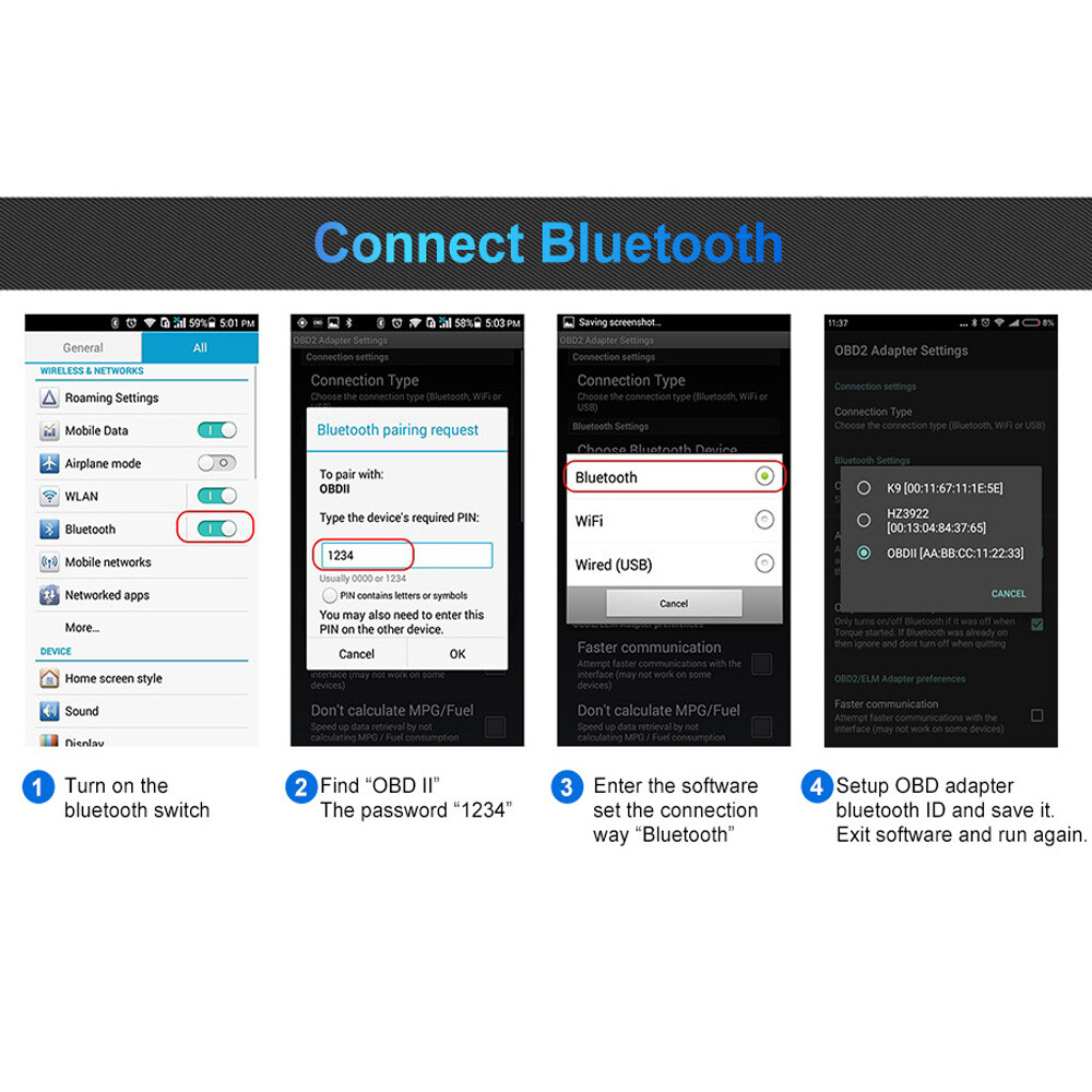 For Android Bluetooth ELM327 Scanner OBD2 Code Reader Engine Car Diagnostic Tool