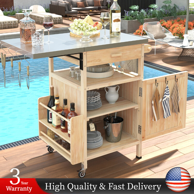 Outdoor Movable Grill Cart Storage Cabinet w/ Tabletop 40.5" Trolley Patio Table