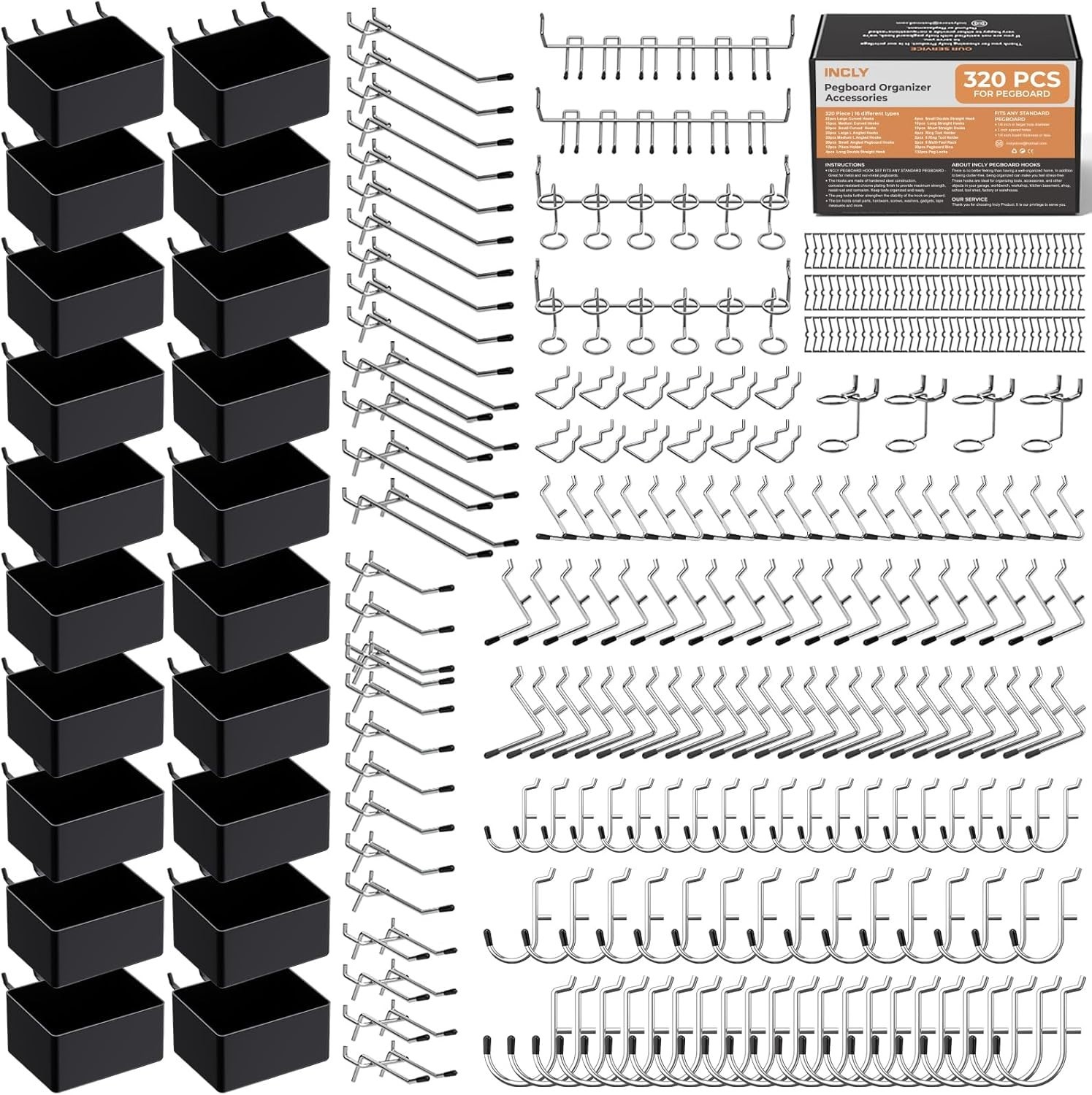 320PCS Pegboard Accessories Organizer Kit Peg Board Hooks Assortment with 20PCS