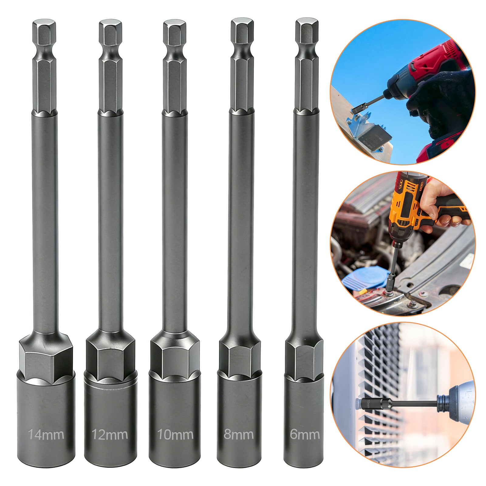 5 x Magnetic Nut Driver Set Metric 6–14mm 1/4" Hex Shank Deep Impact Socket Bits