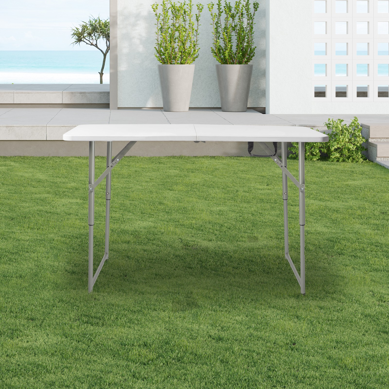4' Heavy Duty Plastic Folding Table Center Fold Height Adjustable Indoor Outdoor