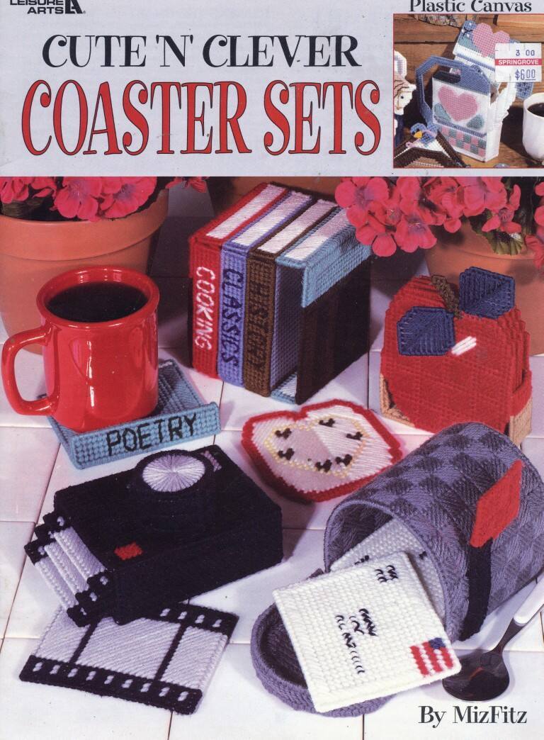 LEISURE ARTS PLASTIC CANVAS CUTE 'N' CLEVER COASTER SETS 7DESIGNS VTG