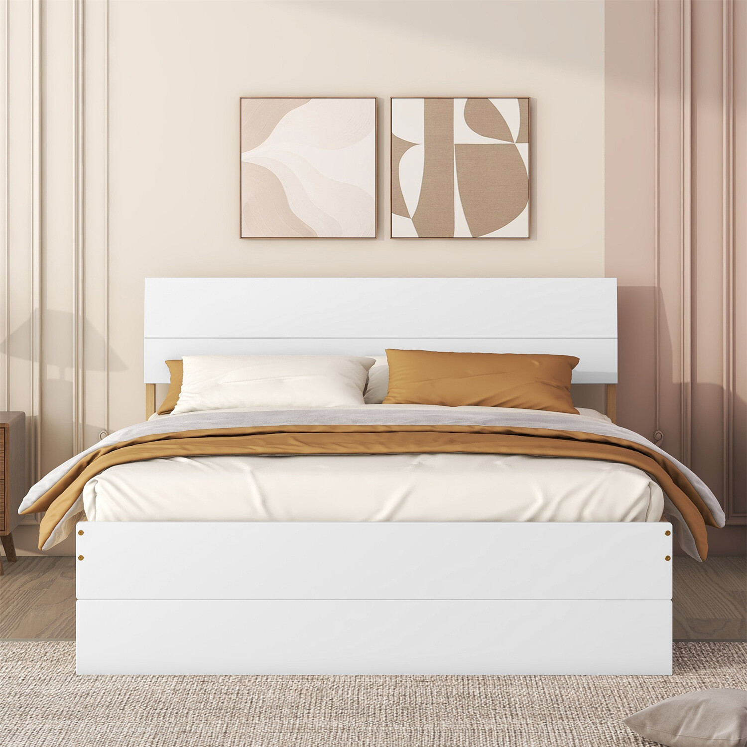 Full Size Bed Frame Wooden Platform Bed Frame w/Twin Size Trundle and 2 Drawers
