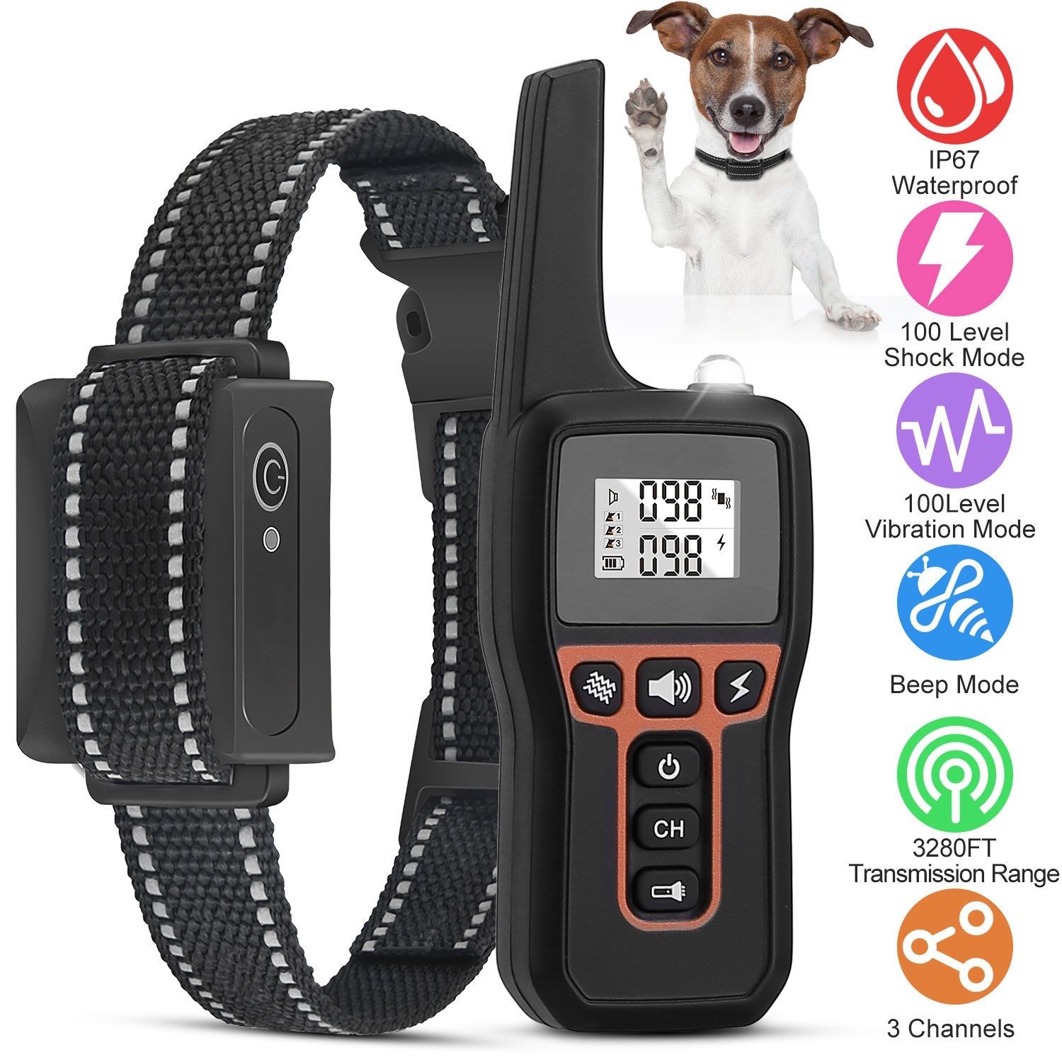 3280FT  Training Collar 3 Channels Rechargeable Transmitter Receiver  Flashlight
