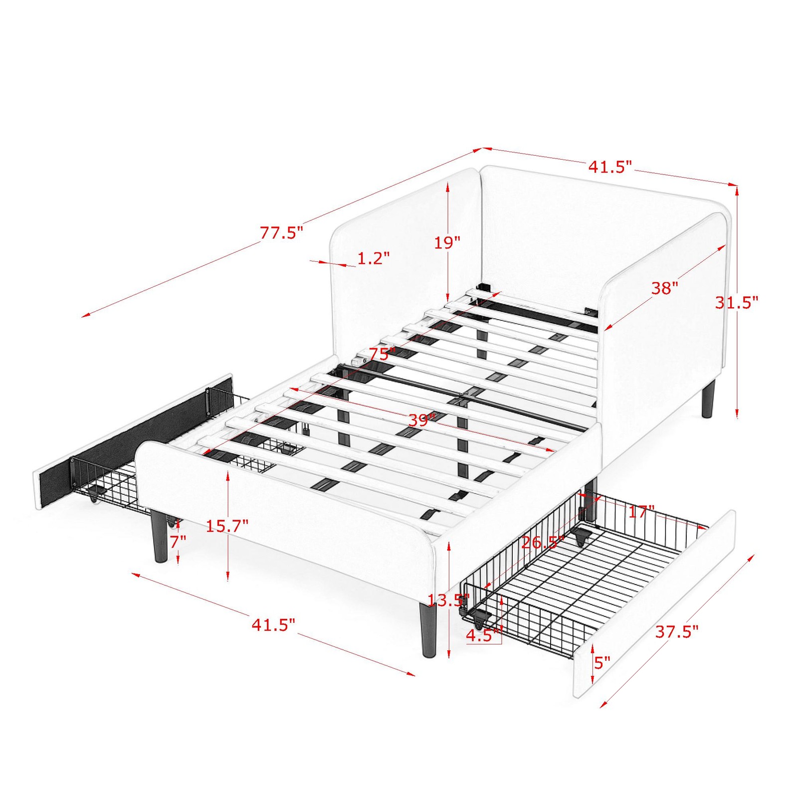 Twin Size Upholstered Platform Bed Frame with 2 Storage Drawers, Adjustable Vel