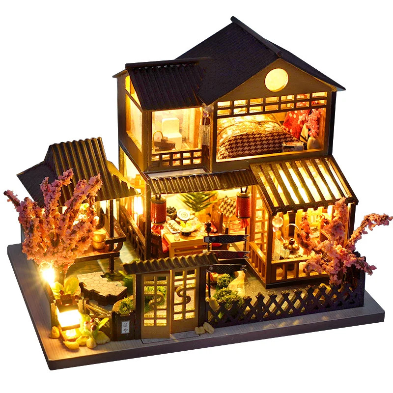DIY Mini Wooden Dollhouse With Furniture Light Kit Doll House Casa Miniature Acc