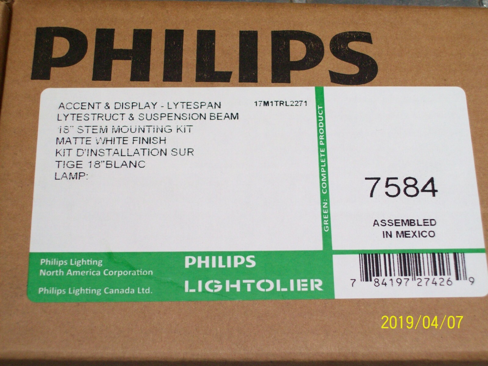 Philips Lightolier 18" Stem Mounting Kit, Matte White – 7584