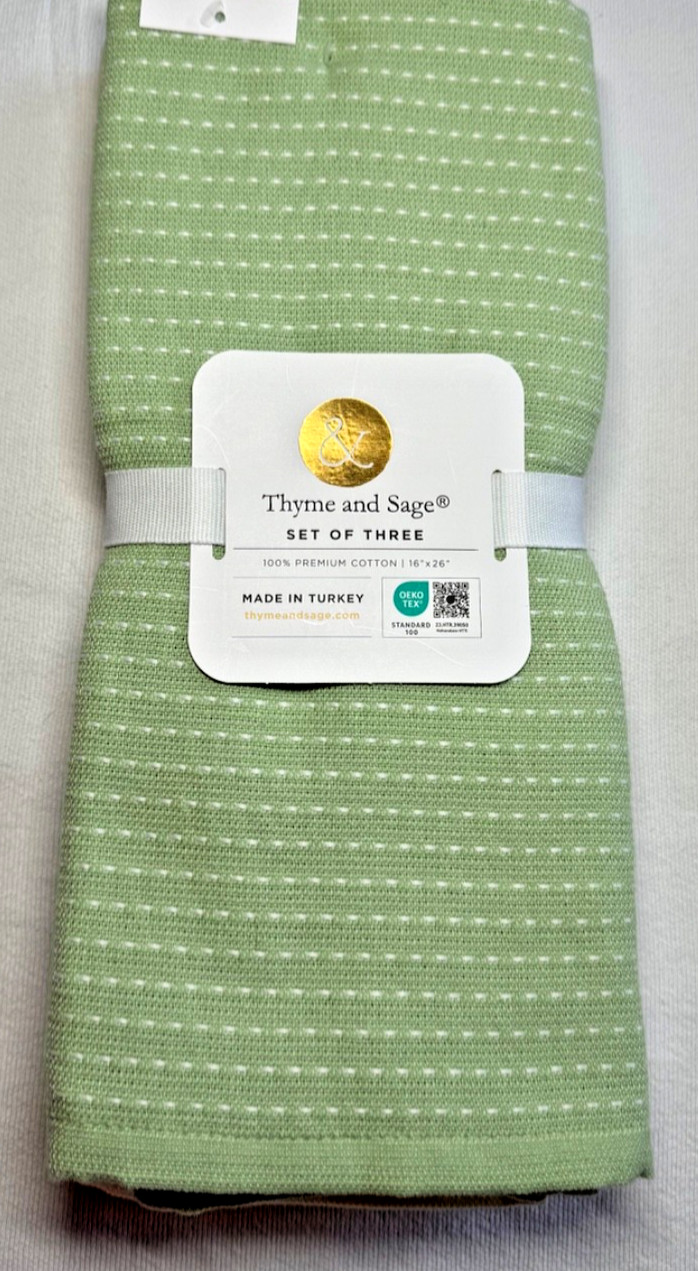 THYME AND SAGE KITCHEN TOWELS (3) BLUE GREEN  YELOW DOTS 100% TURKISH COTTON NWT