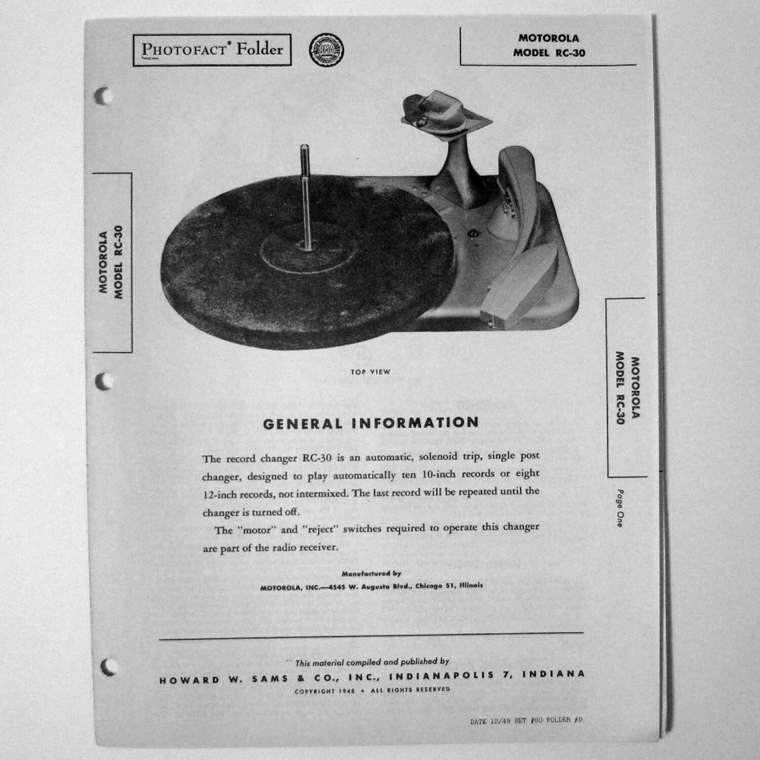 Motorola Model RC-30 Changer Turntable Phonograph - SAMS Photofact ™ 1949 - New