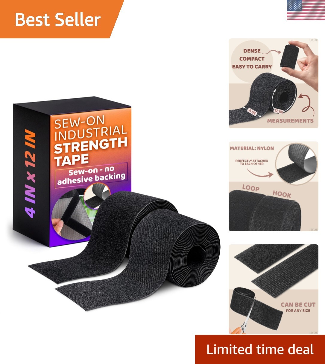 4 Inch Hook and Loop Tape Black (4"X12") – Non Adhesive Strips for Quick & Easy