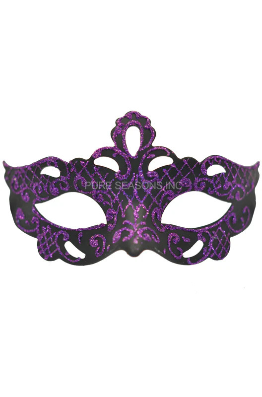 Brand New Glittery Gaze Purple Glitter Black Ribbon Venetian Mask (Black/Purple)