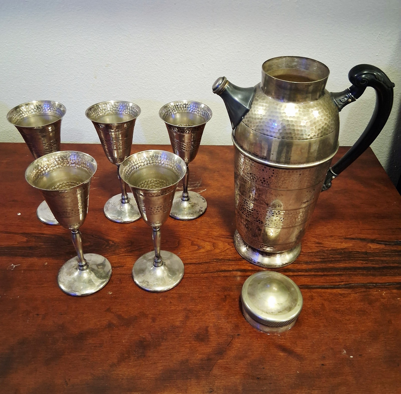 Elegant Vintage Hammered Silver Cocktail Shaker Set with Five Matching Goblets!