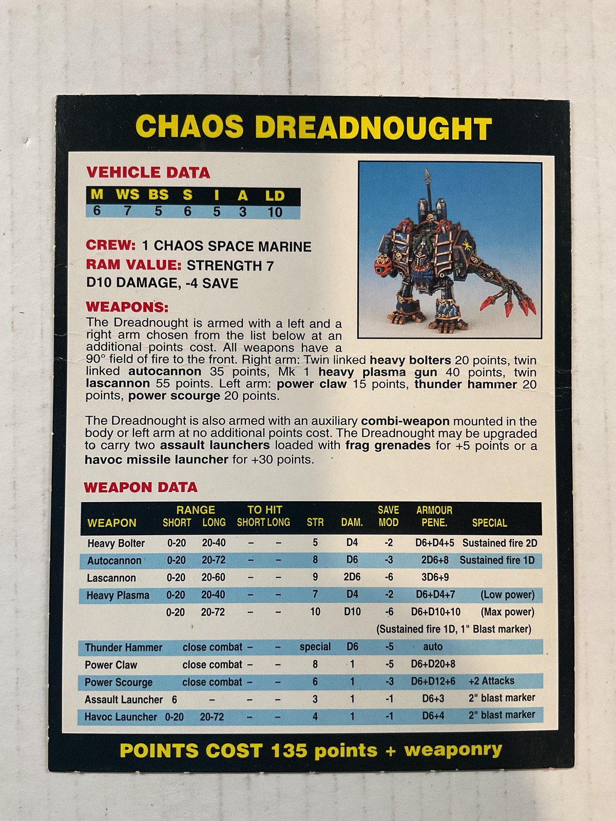 Games Workshop Chaos Dreadnought Data Card Warhammer 40K Chaos Space Marines