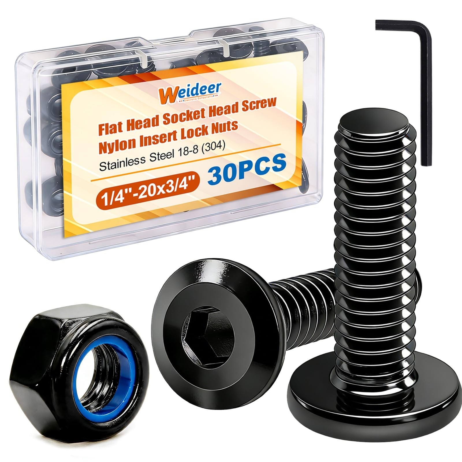 weideer 30pcs 1/4-20 x 3/4" Nuts and Bolts Kit, Stainless Steel 18-8 (304) Fl...