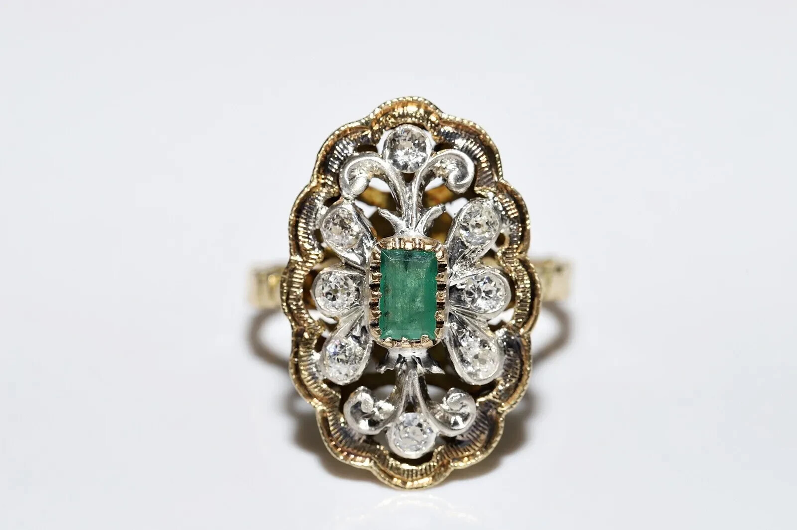 Edwardian Two Tone Wedding Ring 14K Yellow Gold Over 2.3 Ct Simulated Emerald