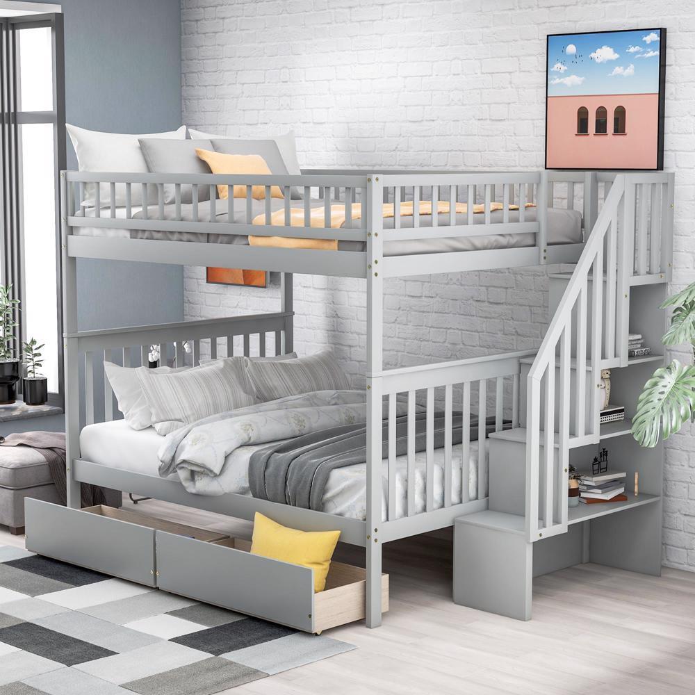 New Stability Full over Full Bunk Bed with Two Drawers and Storage, Gray