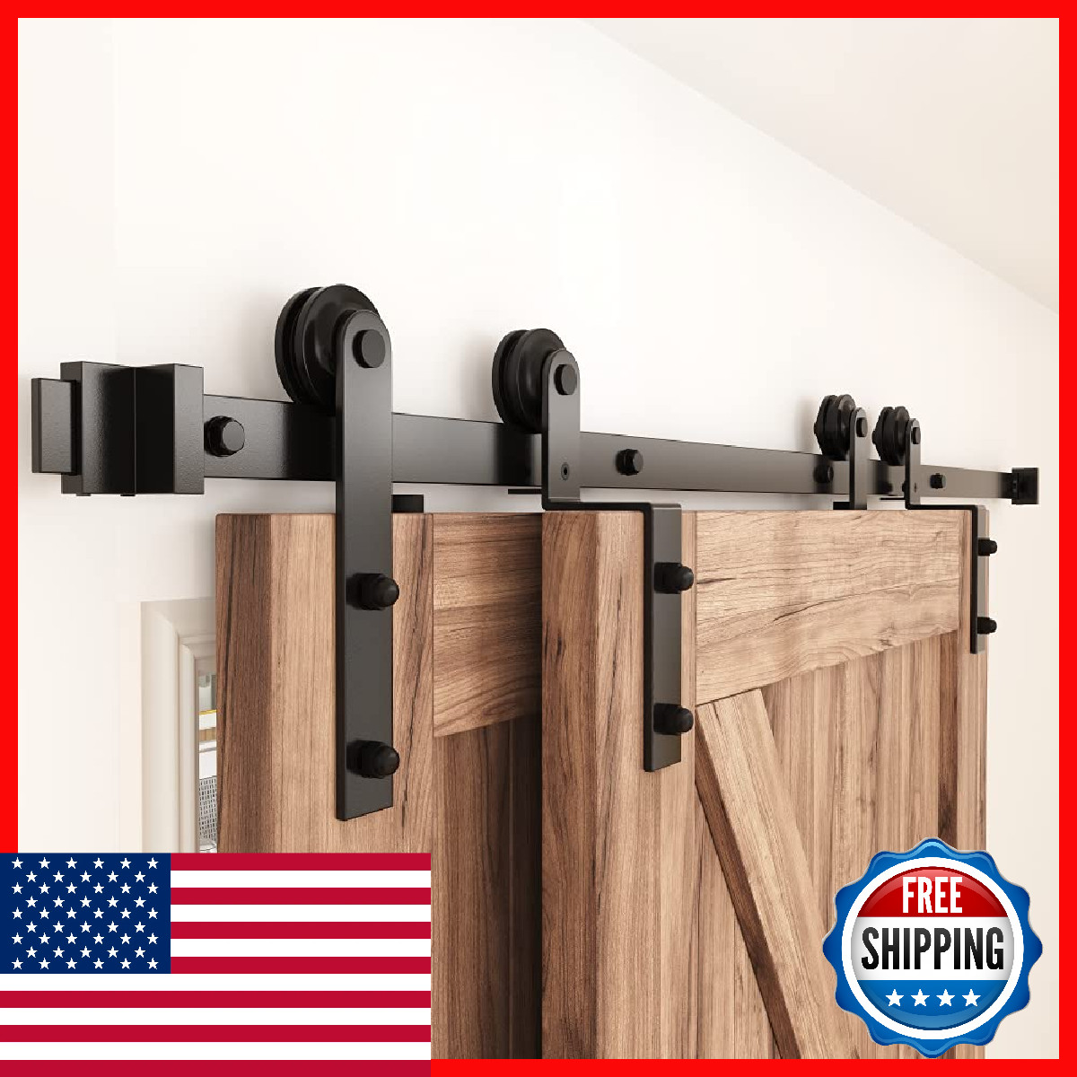 Zekoo 8 Ft Bypass Sliding Barn Door Hardware Kit Single Track Double Wooden