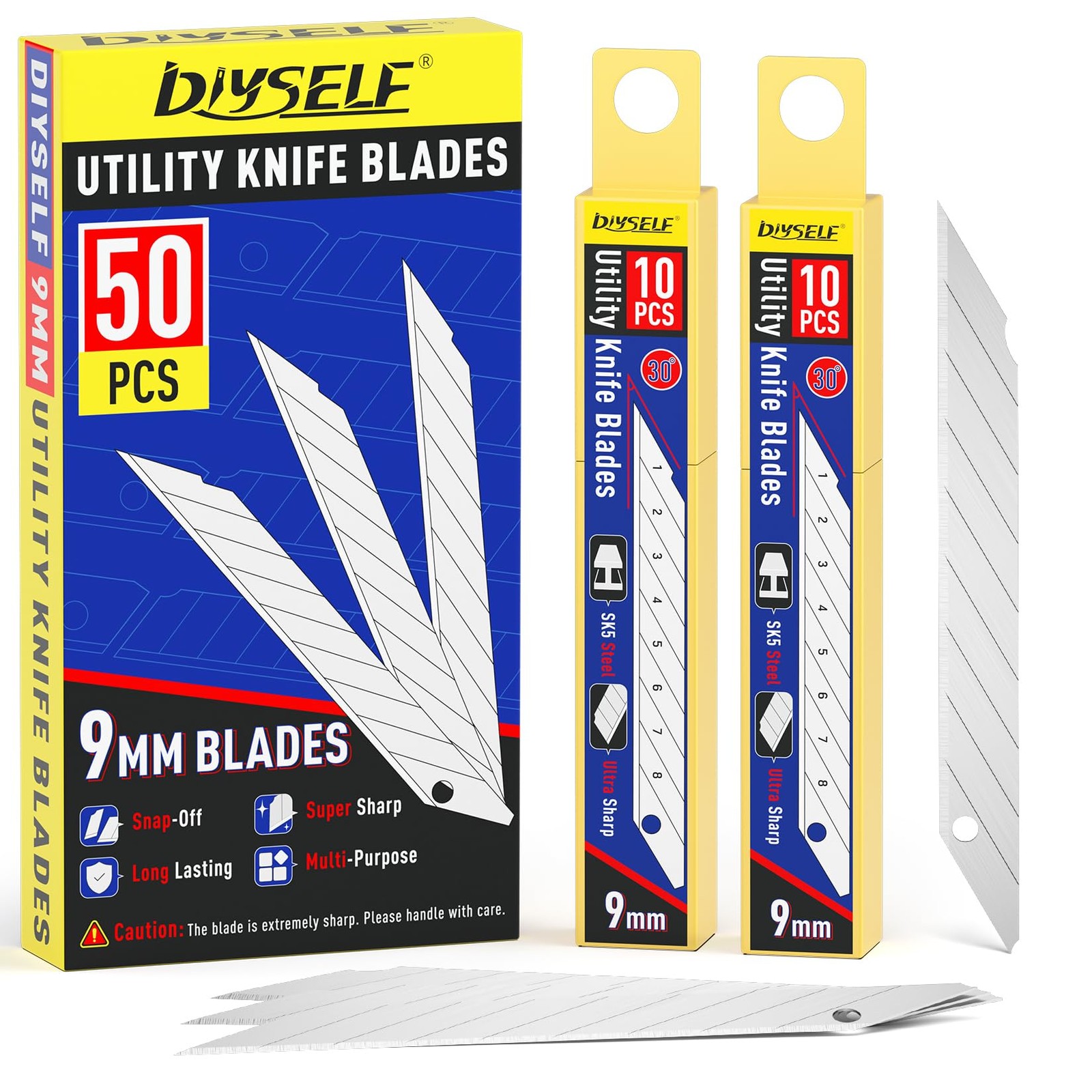 DIYSELF 50 Pack Utility Knife Blades, 9mm Snap Off Blades (30°) | Razor Knife Bo