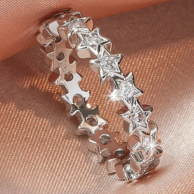 Elegant 925 Sterling Silver White Topaz Stars Wedding Engagement Ring Size 9
