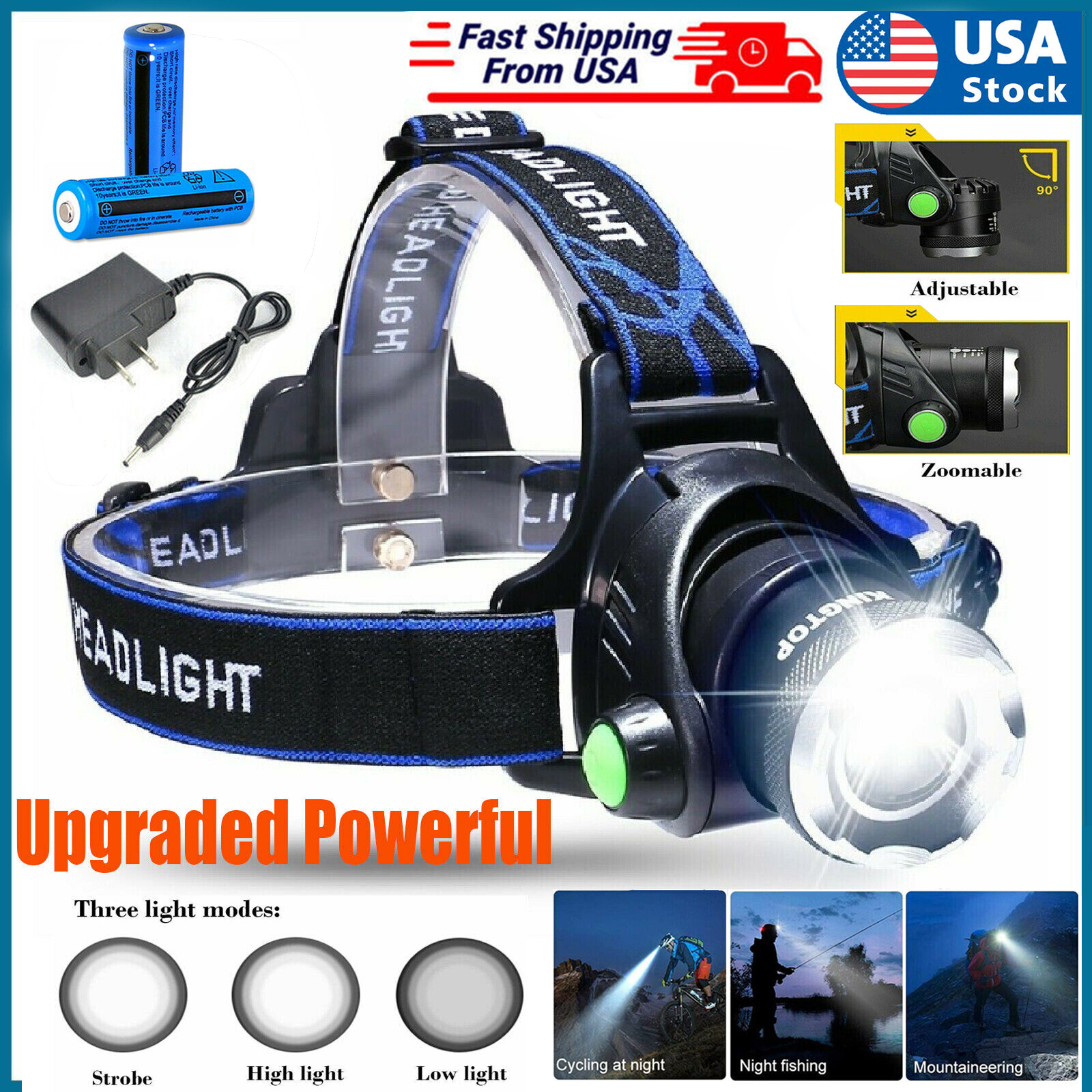 Rechargeable Head Light Torch LED Tactical Adjustable Headlamp 3 Mode Zoomable