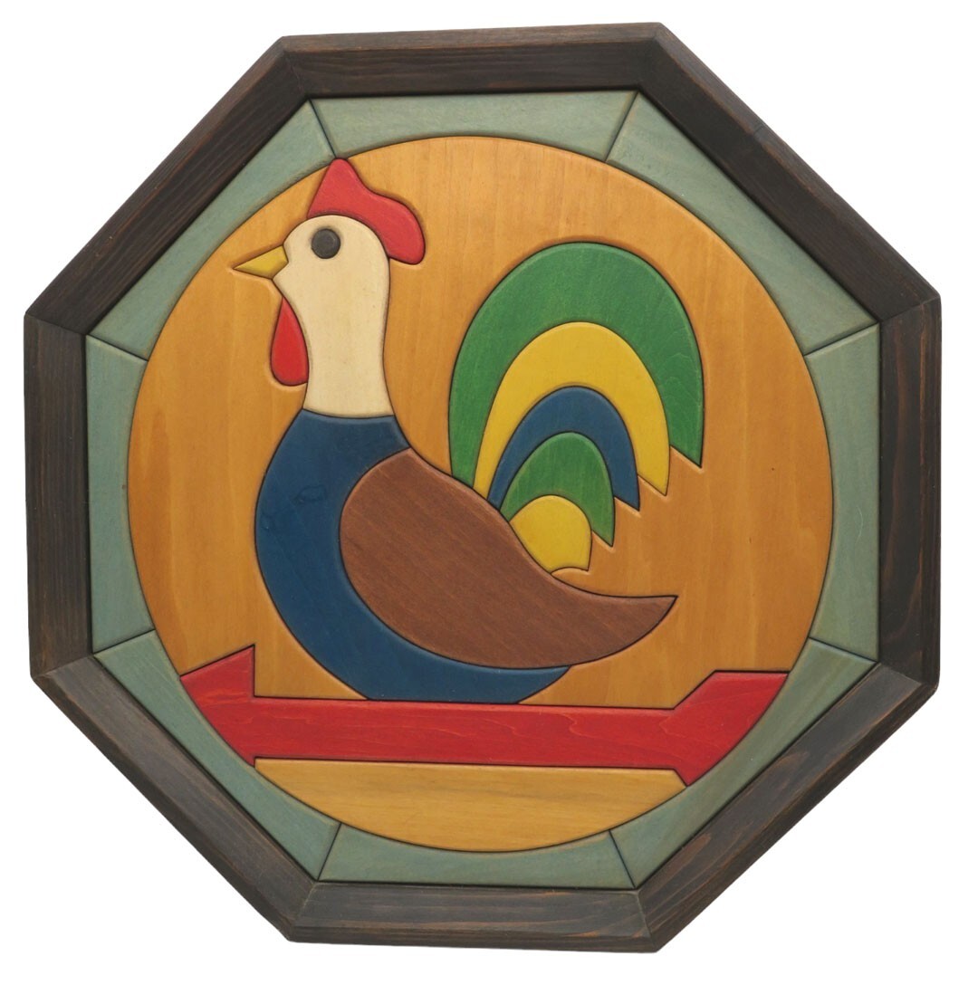 Glenn Johnstonbaugh Signed Wood Folk Art Rooster Plaque Octagon 1995 Intarsia