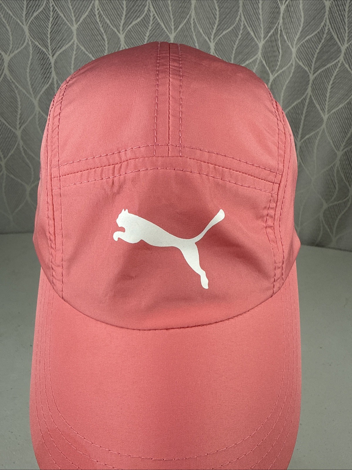 Puma in White on Pink Peach Lite Wt 5 Panel Runners Hat Cap Hook Loop