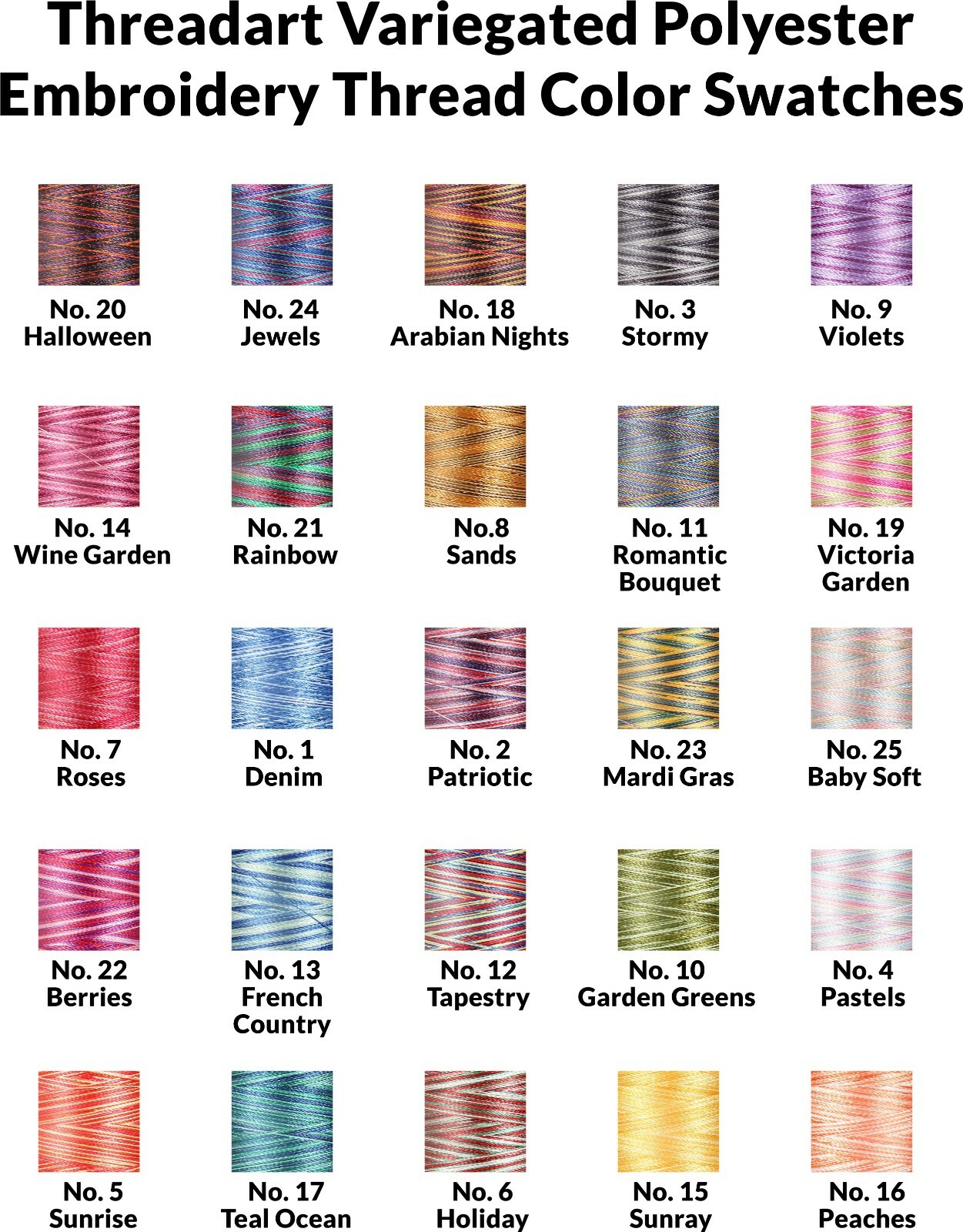 VARIEGATED POLYESTER EMBROIDERY THREAD 1000M SPOOLS 25 COLORS 40 WT - THREADART
