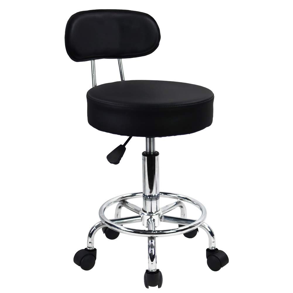 KKTONER PU Leather Rolling Stool Mid-Back with Footrest Height Black