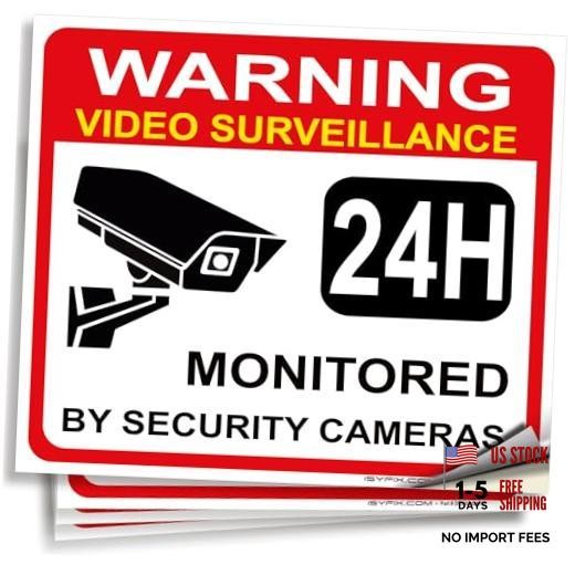 Video Surveillance Warning Sign Sticker - 4 Pack 7x6 7x6-inch Sticker White