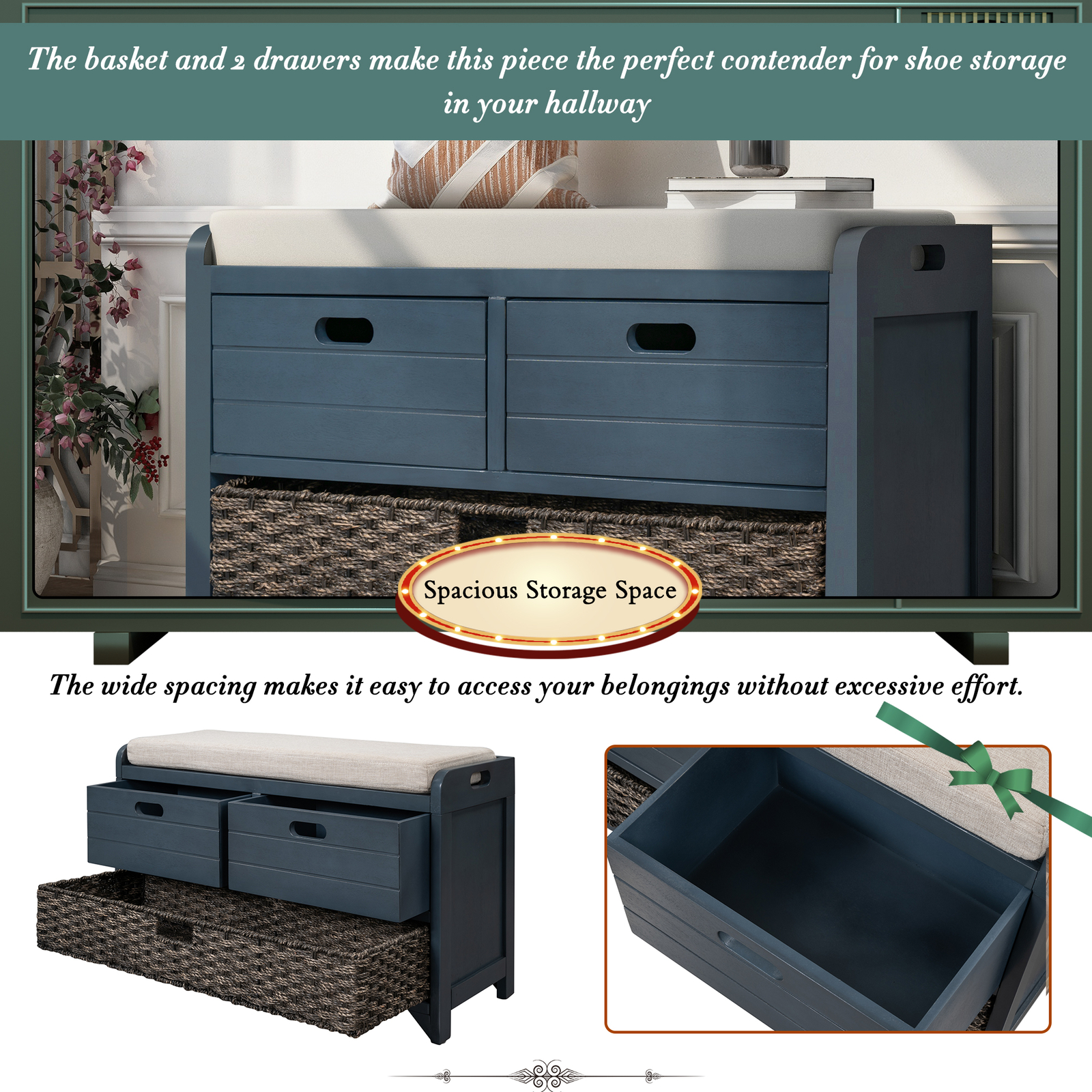 Home Storage Bench with Removable Basket & 2 Drawers, Fully Assembled Shoe Bench