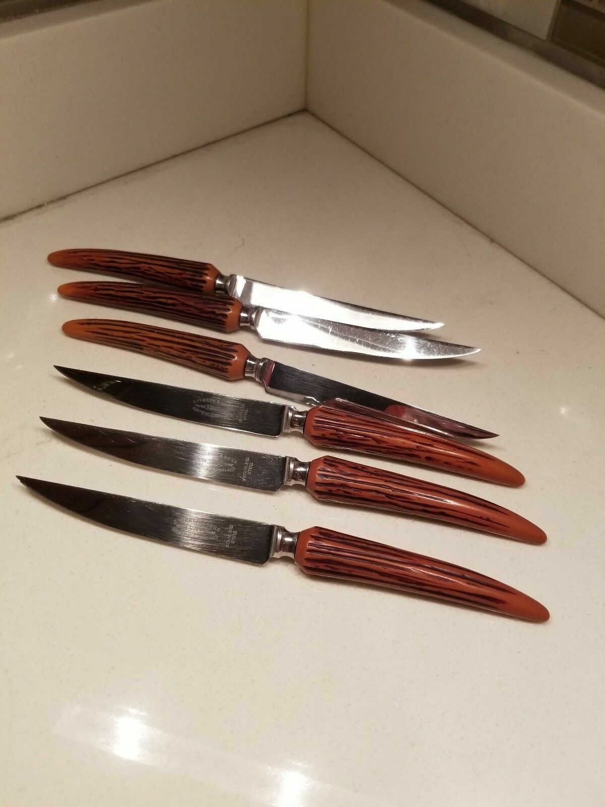 Set 6 E. Parker & Sons 9 1/2" Steak Knives #3709 BAKELITE Sheffield England EXC