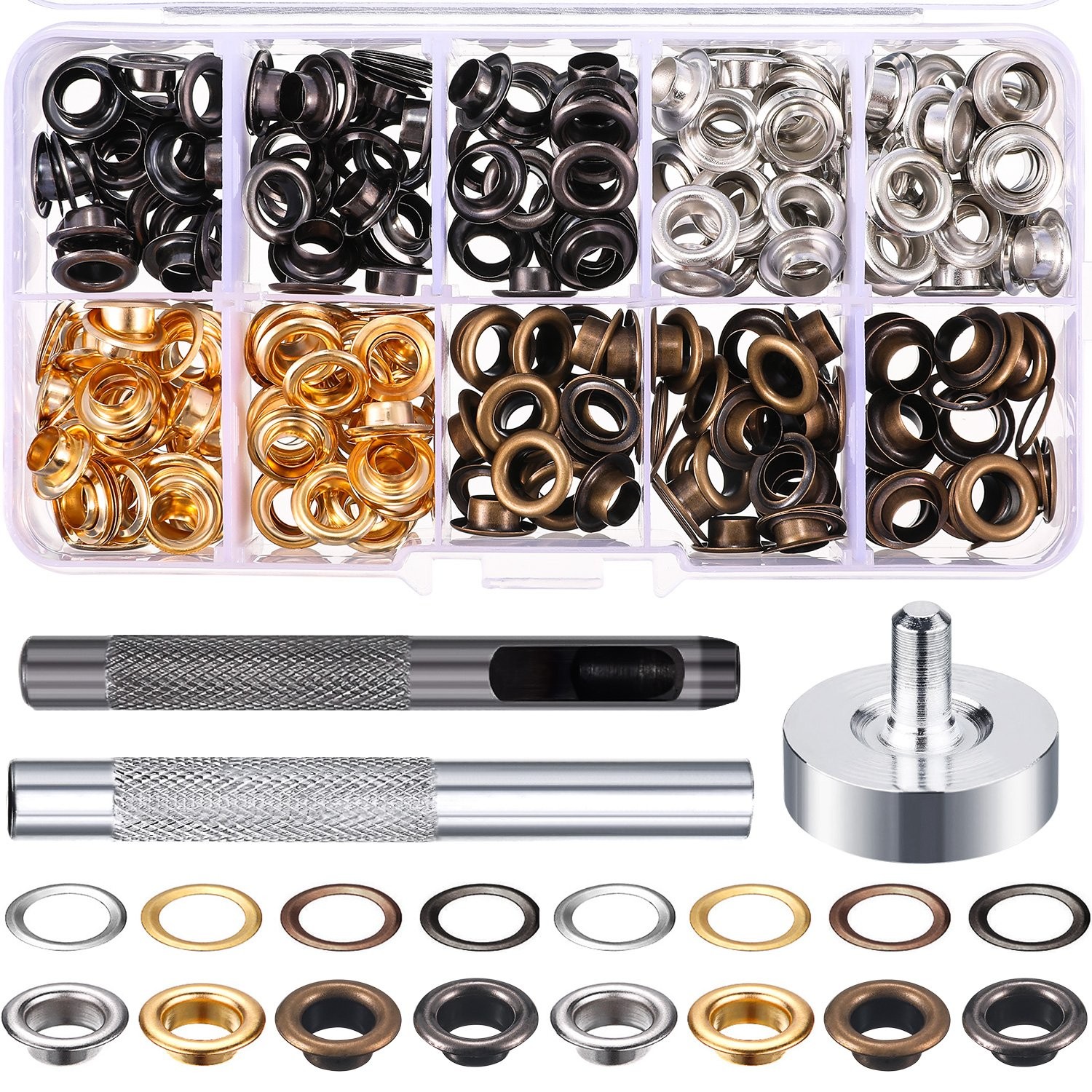 1/4 Inch Grommet Kit 200 1/ 4 Inside Diameter, Gold/Silver/Gun Metal