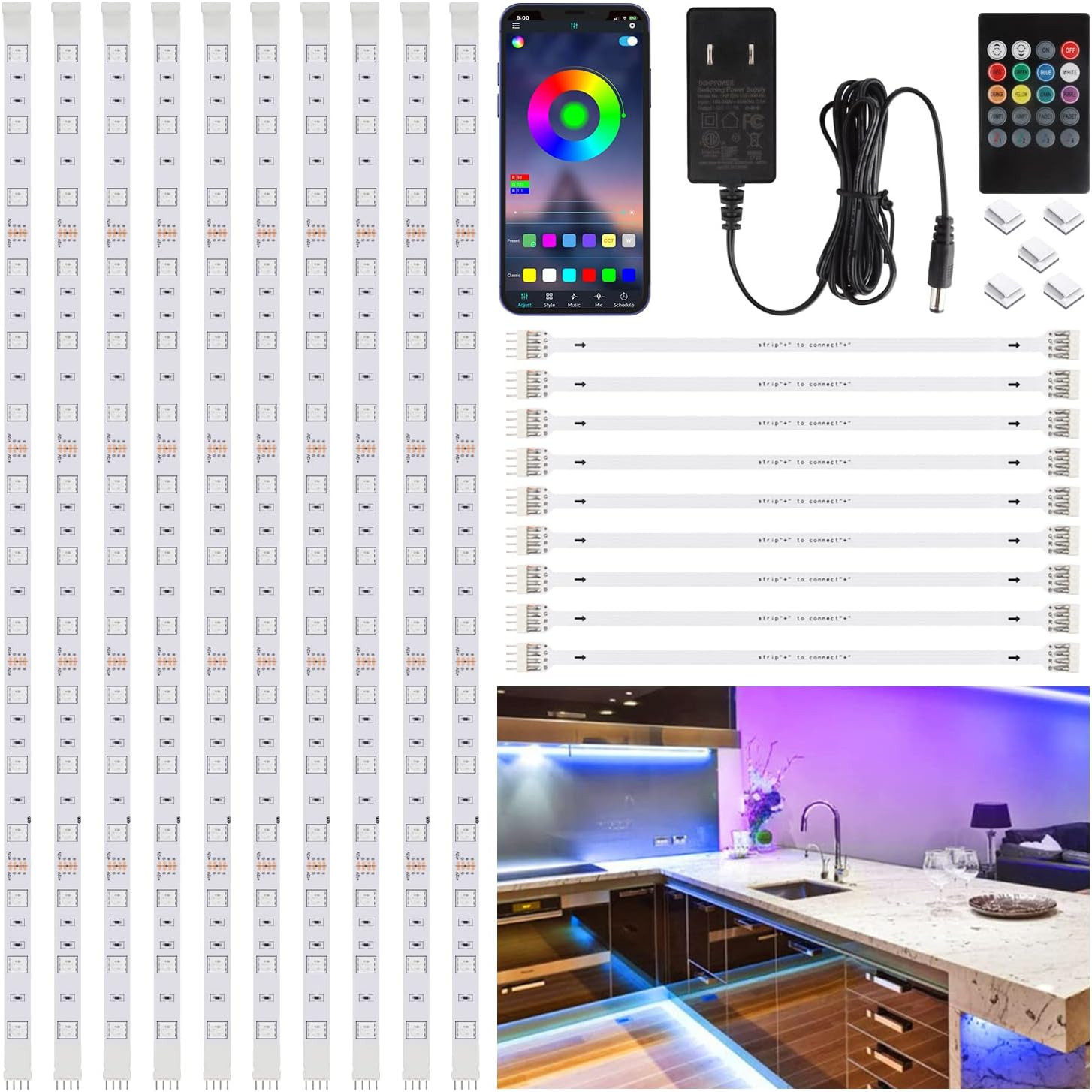 10 PCS RGB under Cabinet Lighting Kit, App and Remote Control Led Strip Lights,