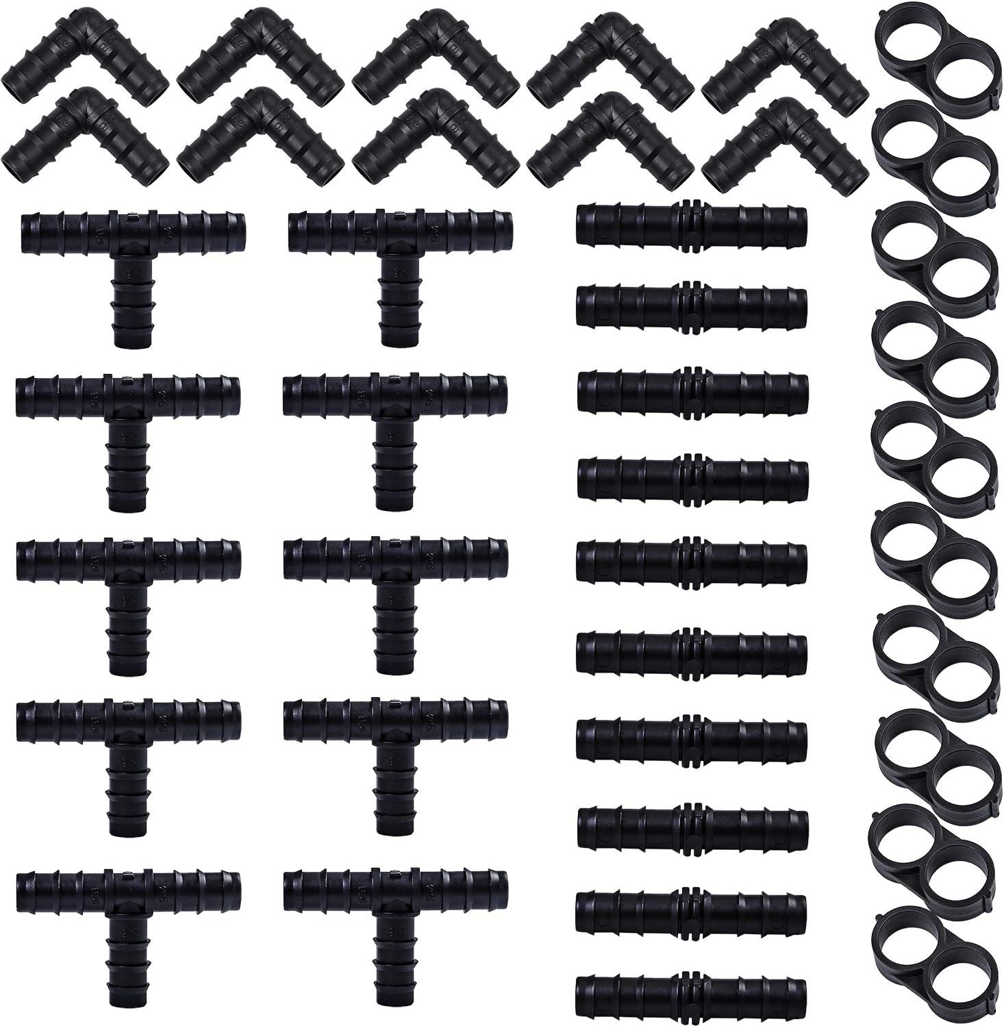 40 Pieces Drip Irrigation Fittings Kit 1/2" Tubing Set, 10 Tees, 10 Couplings, 1