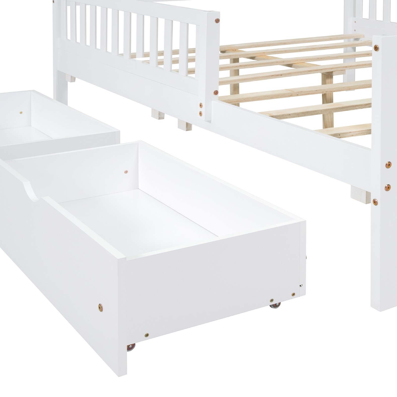 Full Size Wood Platform Bed (Dual-Side Guardrails, 2 Storage Drawers)