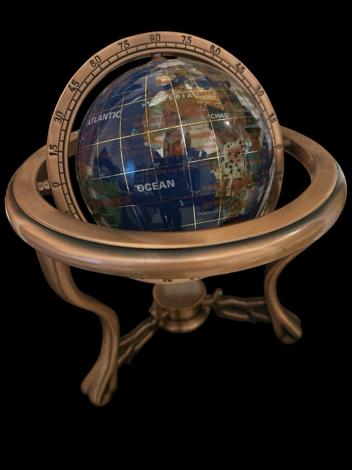 6" Gemstone World Globe Brass Compass Stand Semi-Precious Stone Inlay VTG  Style