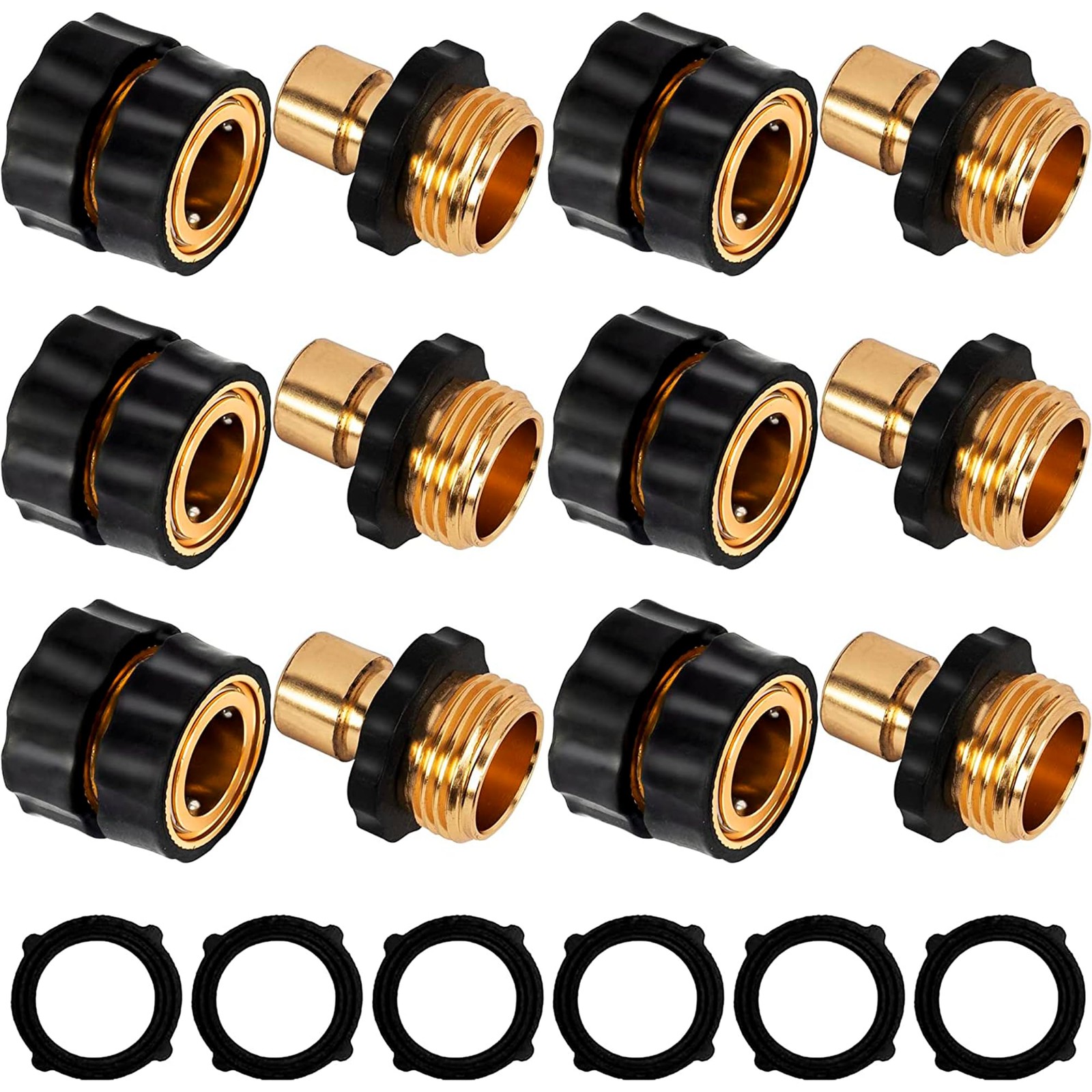 3/4 Inch Garden Hose Quick Connect, Aluminum 6pack, Brass, Black
