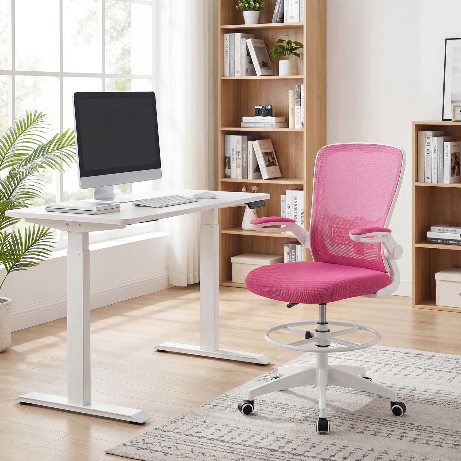 Home Office Drafting Chair w/Flip-Up Armrests Adjustable Footrest Ring for Study