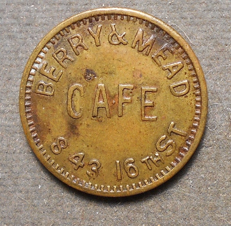 Detroit MI: Berry & Mead Café, 843 16th St.   Good For 5c In Trade. Brass, 21mm