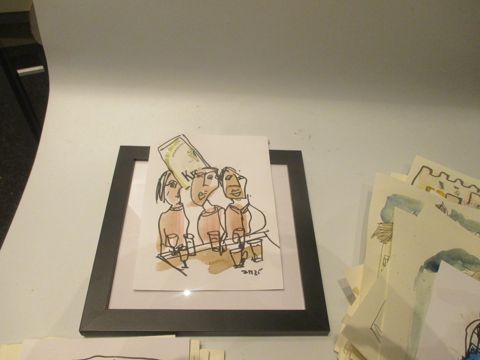 People At The Counter Original Signed Drawing Expressive Fineline 21x15cm