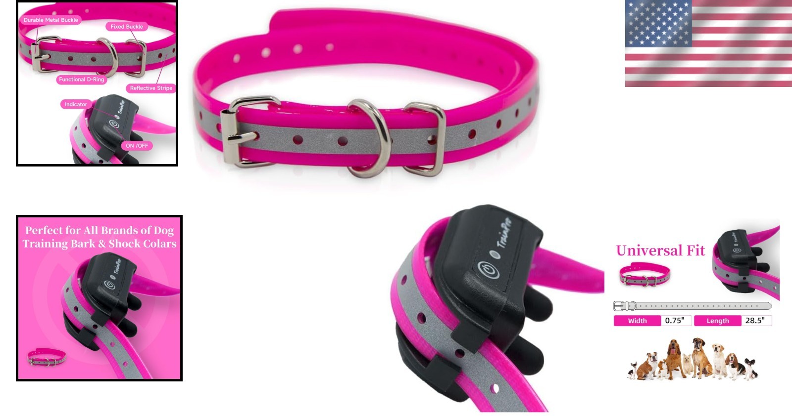 Adjustable 27.5" Pink Reflective Dog Training Collar Strap - Waterproof E-Collar