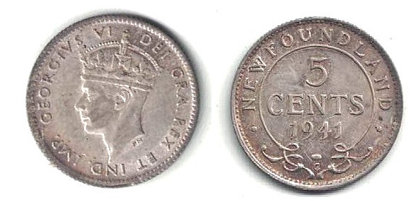 A Nice Newfoundland 1941-C Almost Uncirculated Silver Five Cent (5¢) Coin