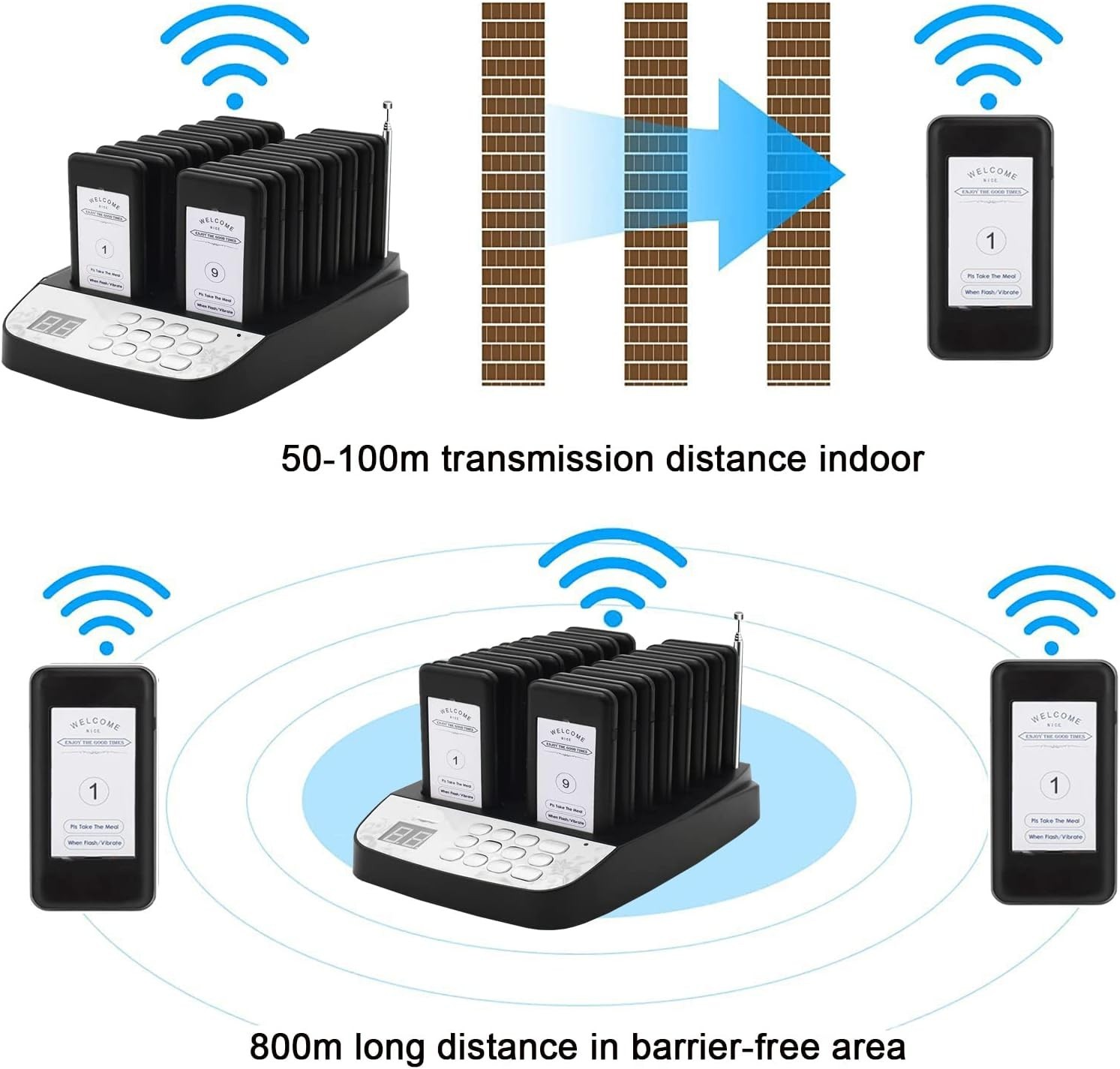 16-Unit Wireless Restaurant Pager System with Vibration and Flash Alert Modes