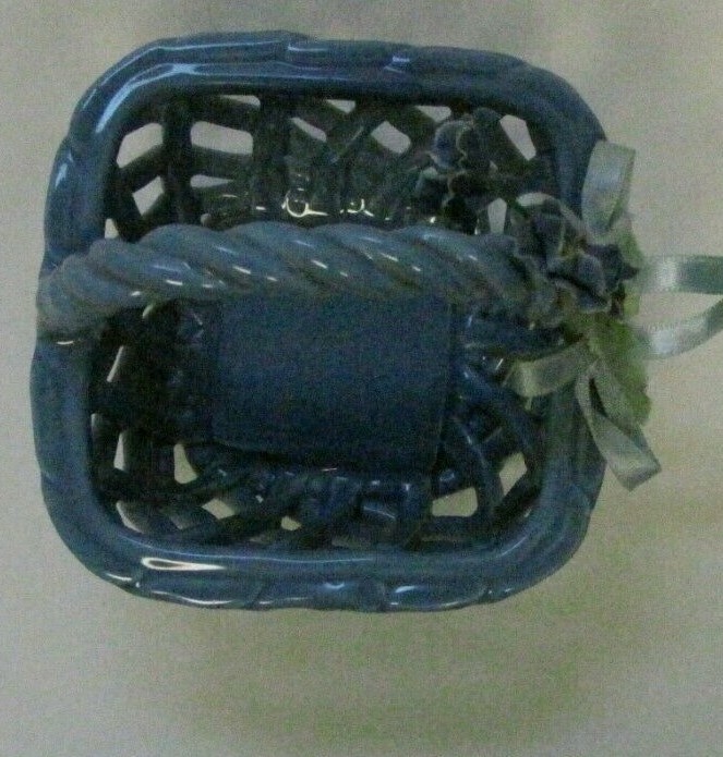 Open Weave Square Ceramic Basket With Twisted Handle Blue 4" Tall