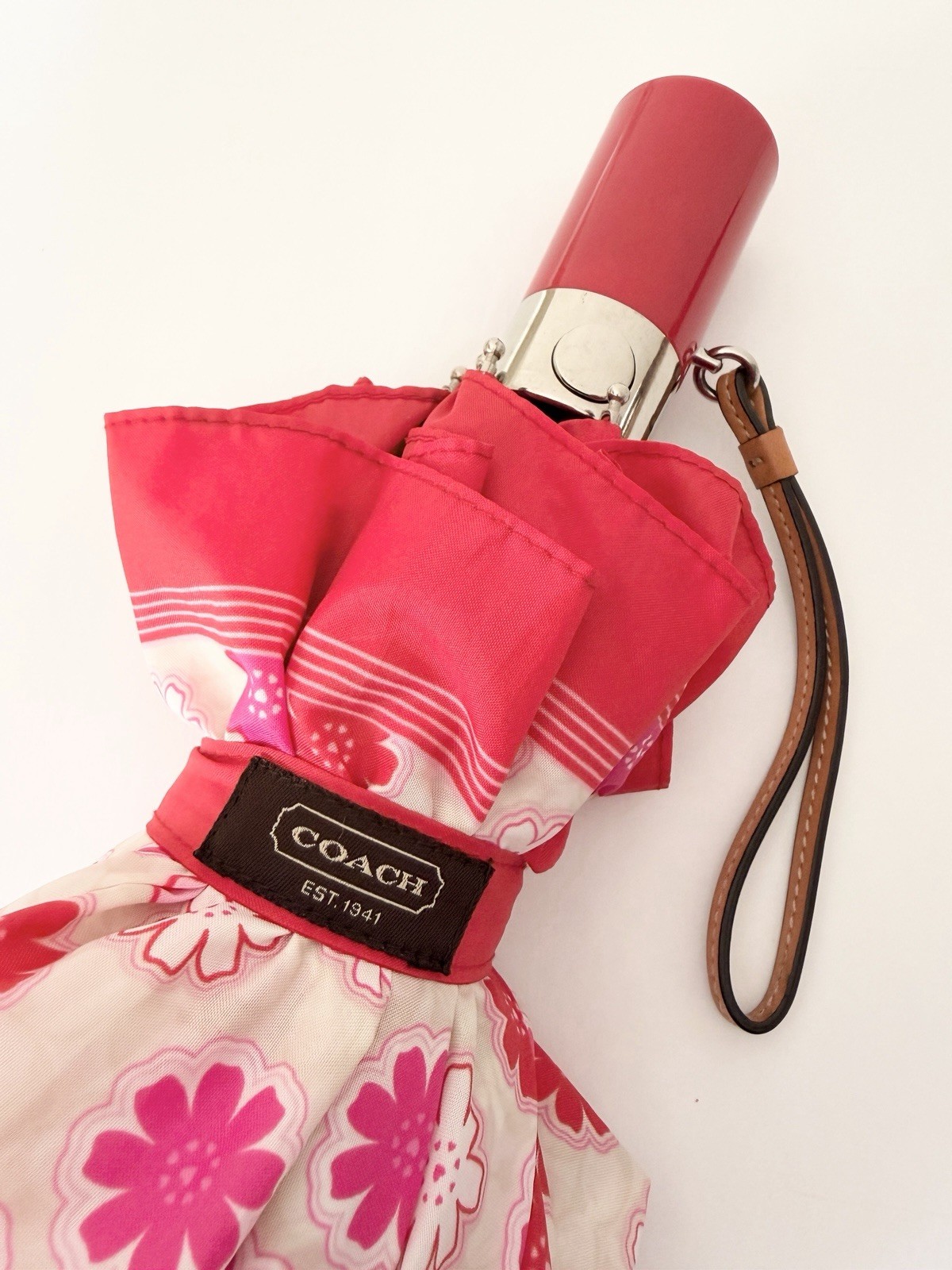 Y2K Coach Floral Compact Mini Umbrella - Pink White, Wrist Strap Travel Foldable