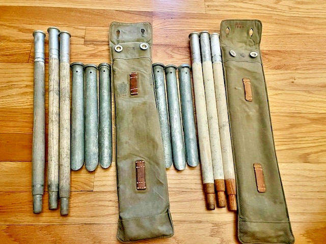 2 Sets of WW2 Swiss army tent poles and stakes w/bags. Vintage. Orig.