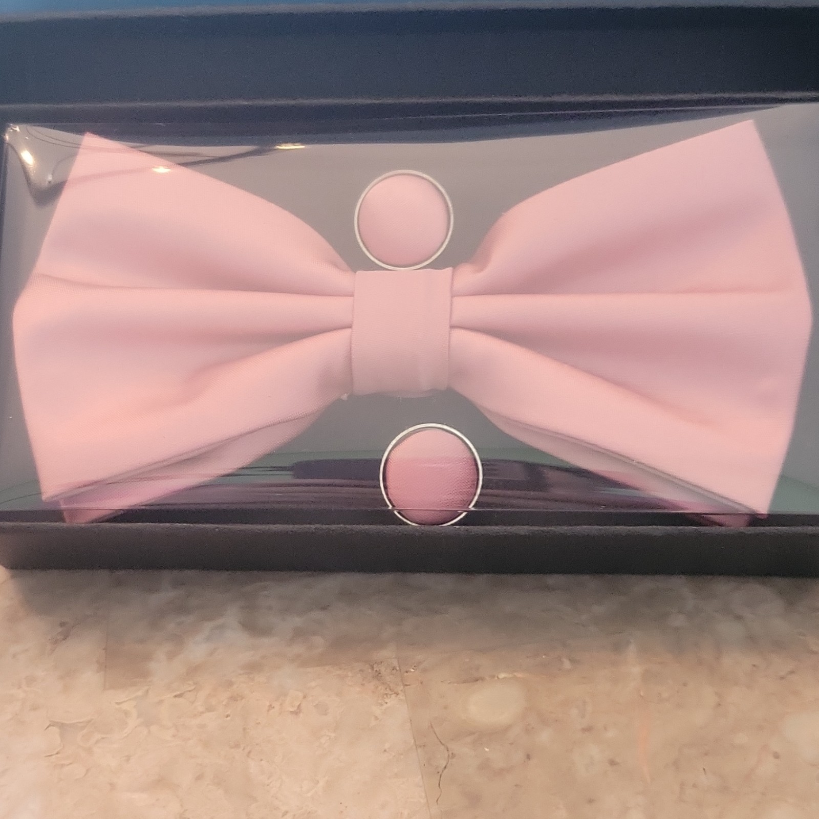 Gusleson Men's Pink Bow Tie, Pocket Square and Cufflinks 3 Piece Accessory Set