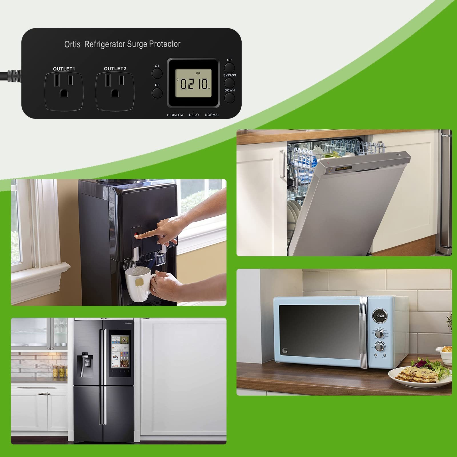 Refrigerator Surge Protector, Ortis Double Outlet Electronic black