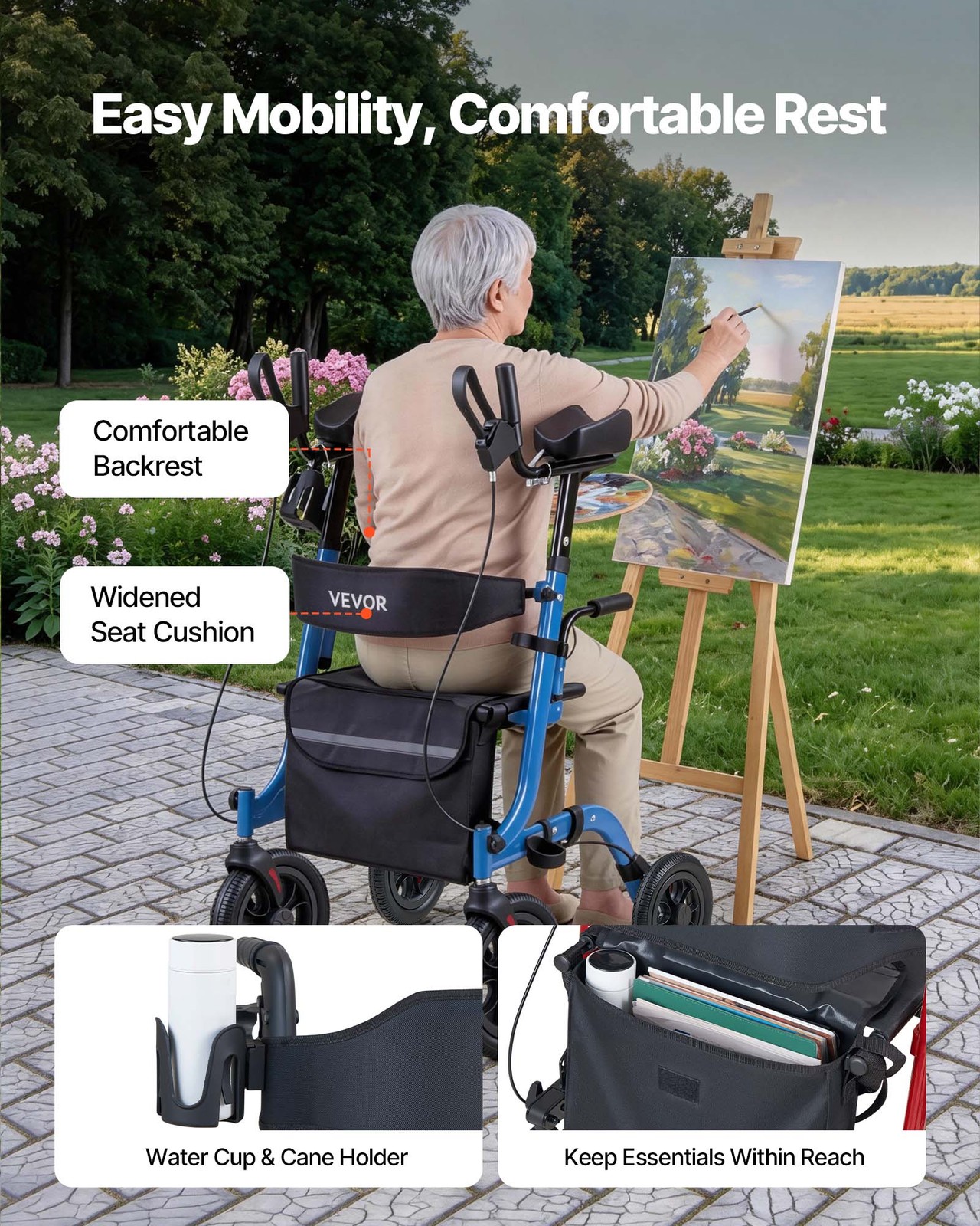 VEVOR Rollator Walker for Seniors Foldable Rolling Walker with PU Solid Wheels