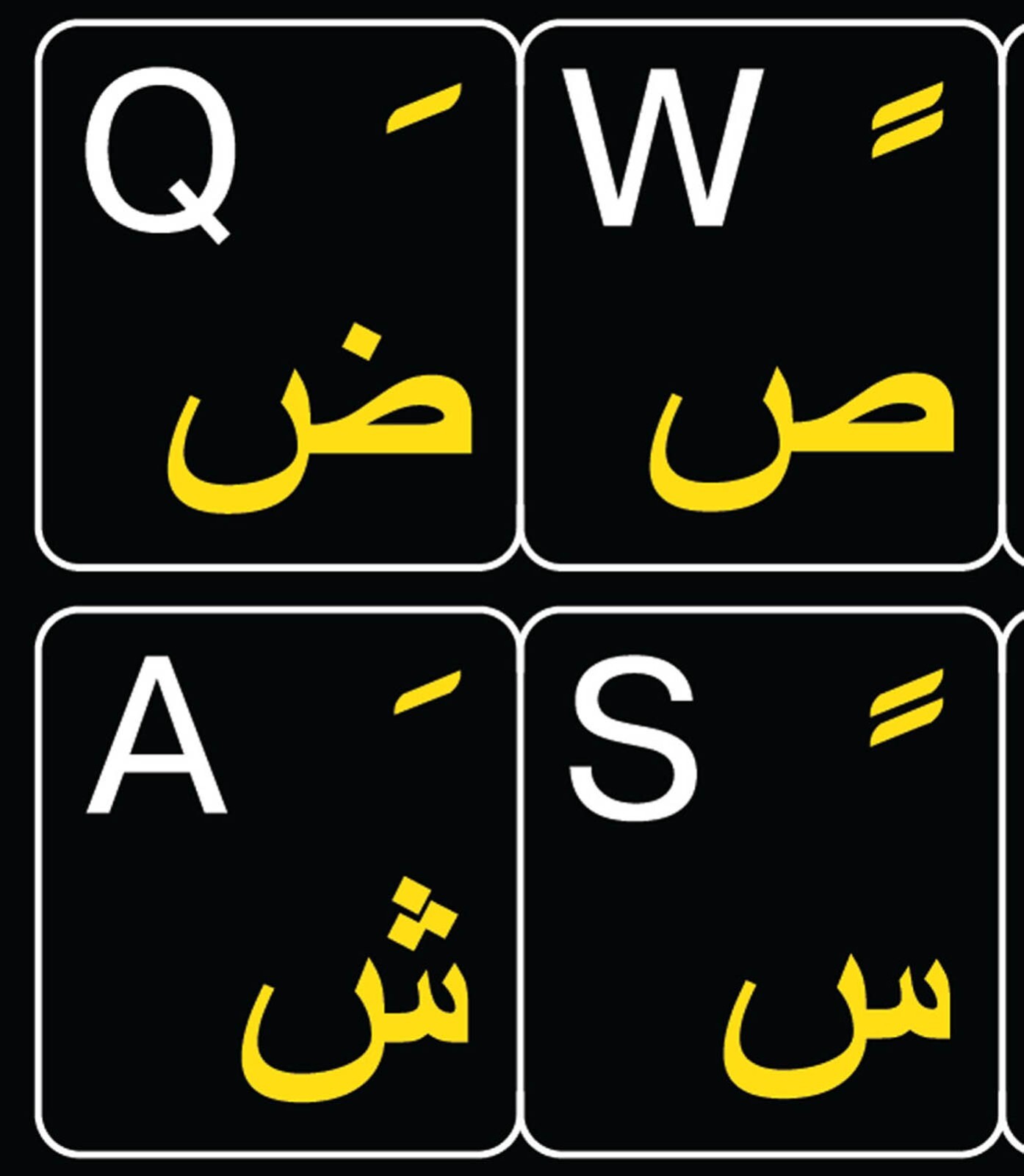 ARABIC-ENGLISH KEYBOARD STICKER NON TRANSPARENT BLACK BACKGROUND ARABIC ALPHABET